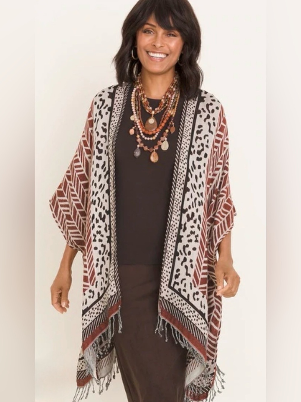 🐆 Chico's Leopard/Aztec Mixed Pattern Fringe Kimono 🐆